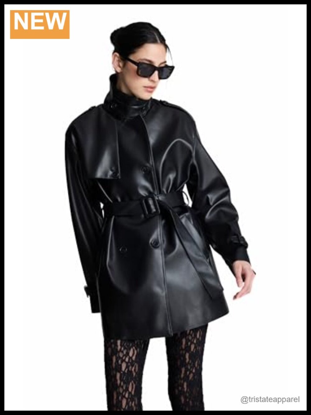 Faux Leather Double Breasted Trench Coat Women's Long Sleeve